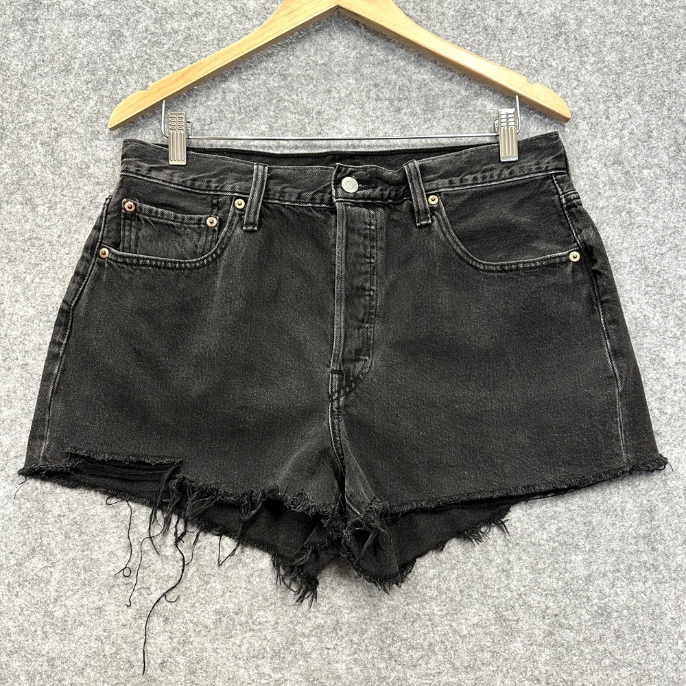 Levis 501 Denim Shorts Women 32 W Button Fly Black High Rise Cutoff Distressed